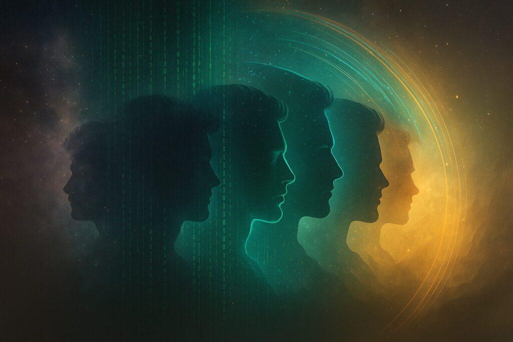 Silhouetten von fünf Köpfen in einem digitalen Lichtbogen – Mensch und KI im Dialog.