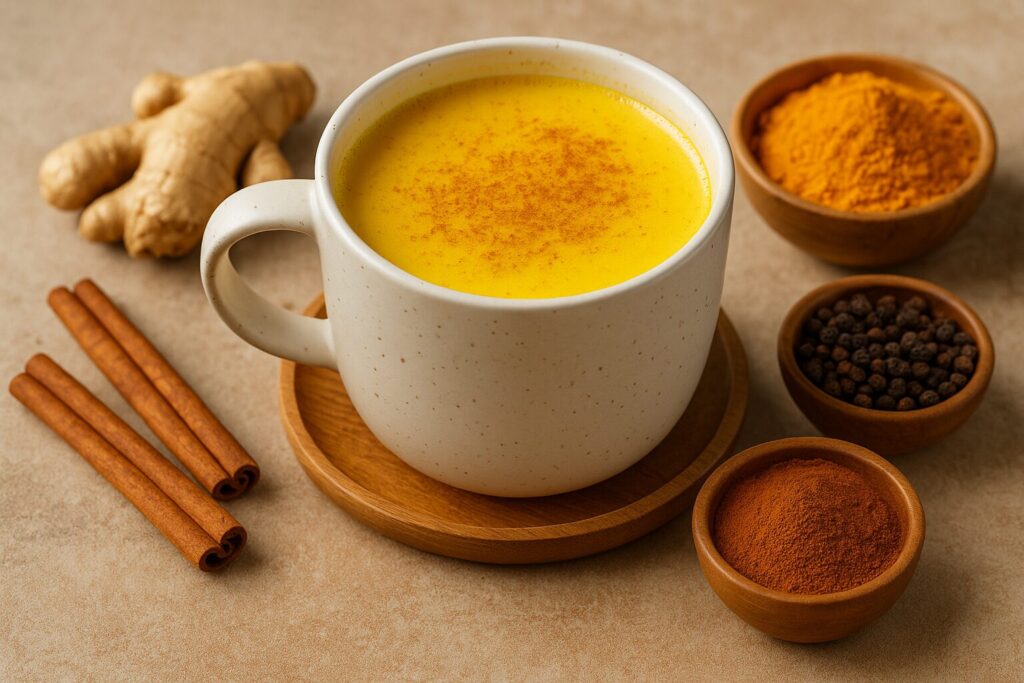 Tasse Goldene Milch mit Kurkuma, Ingwer, Zimt und Pfeffer – ayurvedisches Getränk