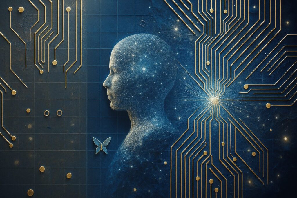 Digitale Illustration eines menschlichen Profils aus leuchtenden Partikeln, verbunden mit goldenen Schaltkreisen auf tiefblauem Hintergrund – Symbol für die Verschmelzung von Mensch und Technik.